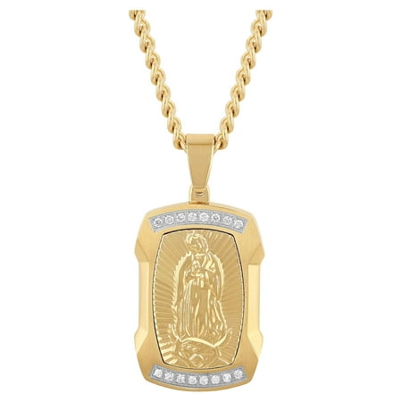 Mens 1/4 ctw Lab-Grown Diamond Gold-Tone Stainless Steel Virgin of Guadalupe Medallion Pendant Necklace