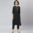 thumbnail image 3 of Janasya Indian Round Neck 3/4 Sleeve Solid Black Poly Silk Kurta With Pant For Women, 3 of 8