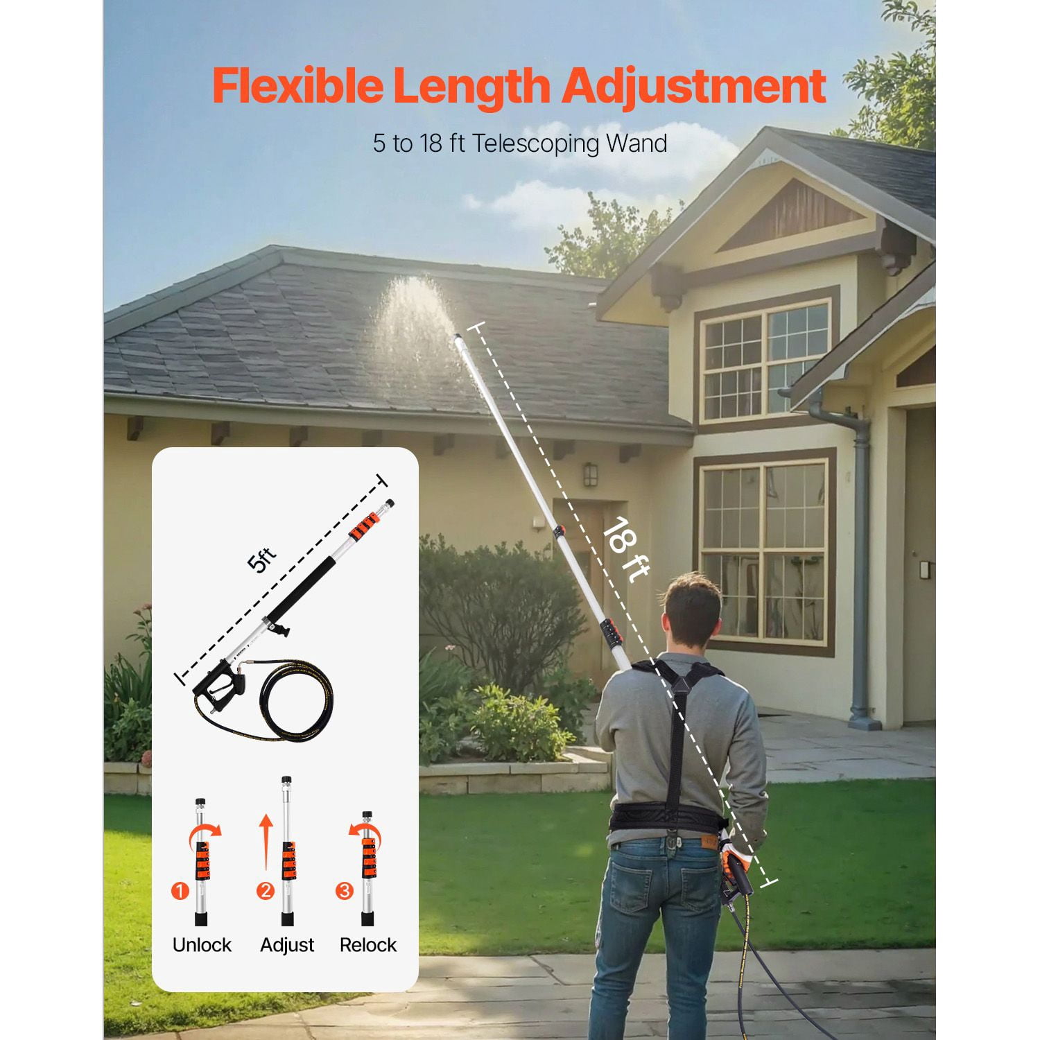 Pressure Washer Telescoping Wand, 18 ft, 4000 psi, Telescopic Spray Wand with Power Washer Extension Wands, Gutter Cleaner, Brush Head, 5 Spray Nozzle Tips, Adapter and Adjustable Support Belt