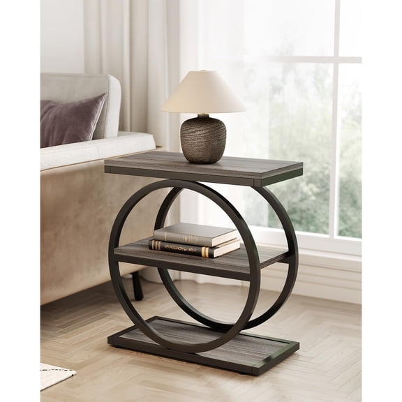 End Table, 3-Tier Side Table, Slim Sofa Side Table for Living Room, Tall Bedside Table Nightstand for Bedroom, Grey and Black