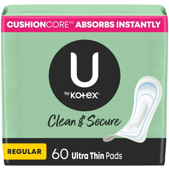 U by Kotex Clean & Secure Ultra Thin Pads, Regular Absorbency, 60 Count