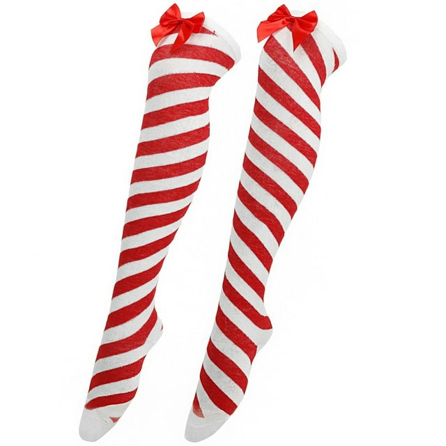 Fgnfyis Bas Longs de Noël avec Nœud pour Femmes au-Dessus du Genou Chaussettes de Fête Rayées Rouges