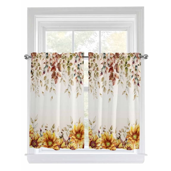 Eucalyptus Leaves Bathroom Window Curtain, Autumn Farmhouse Sunflowers Vines Light Filtering Coffee Kitchen Curtains, Bedroom Living Room Curtains 2 Panel 84"x54"
