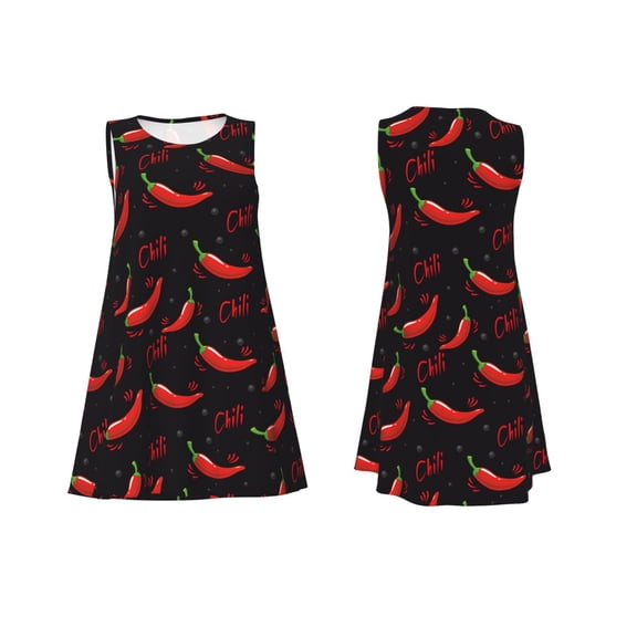 Horeoi Red Hot Chili Print Women's Sleeveless Dress Cotton-like Flared Hem Deep Side Pockets Above-Knee