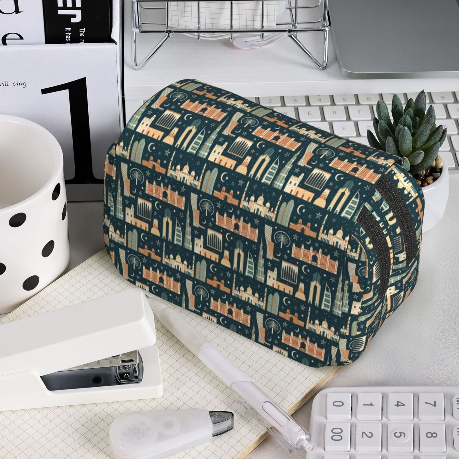 Rateoe UAE Travel1 1 Pattern Double Clamshell Pen Case, Storage Organizer with Two Zipper Compartments– Holds Up to 50 Pencils & Pens