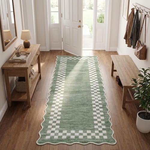2×6 ft Green Scalloped Checkerboard Washable Hallway Runner Rug, Non‑Slip Low‑Pile Mat