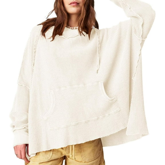 Women Oversized Waffle Knit Hoodie Fall Long Sleeve Patchworked Split Hem Sweatshirt Hide Belly Tops