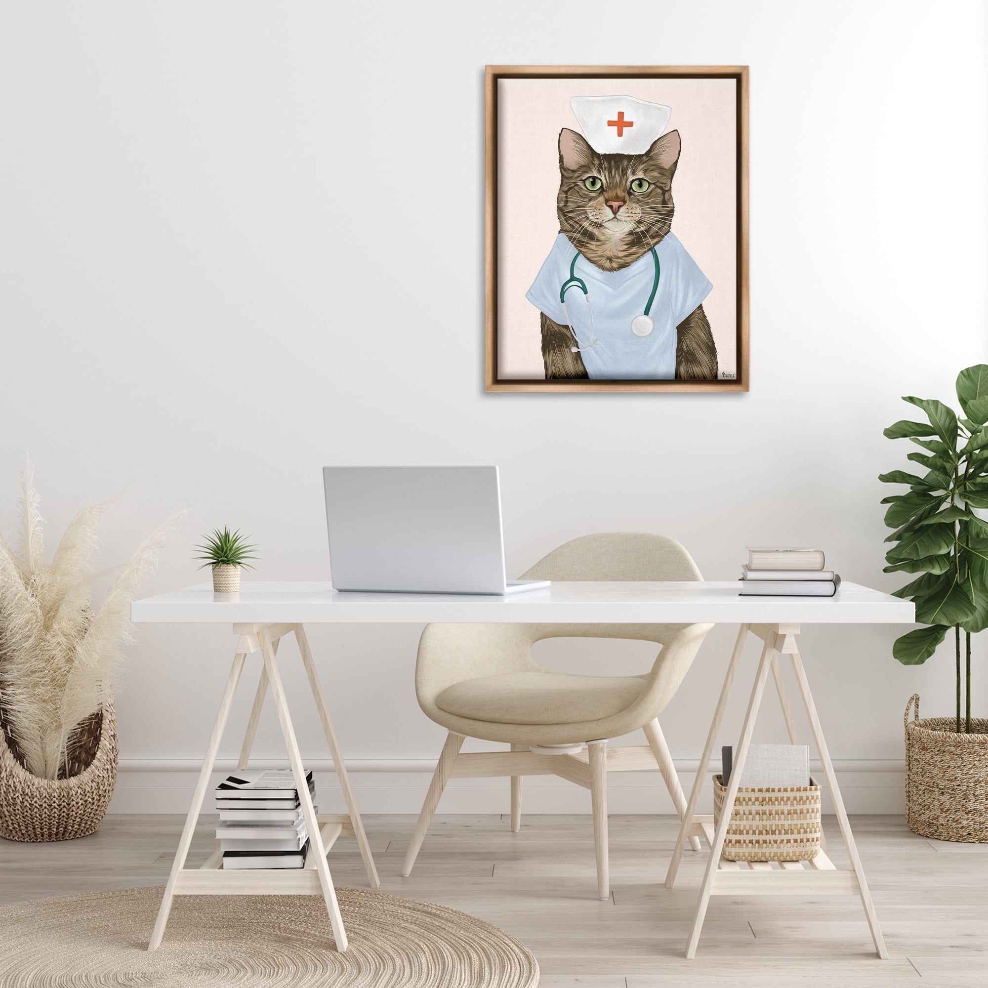 Stupell Industries Nurse Doctor Cat Animals & Insects Painting Brown Floater Framed Canvas Art Print Wall Art, 25 x 31