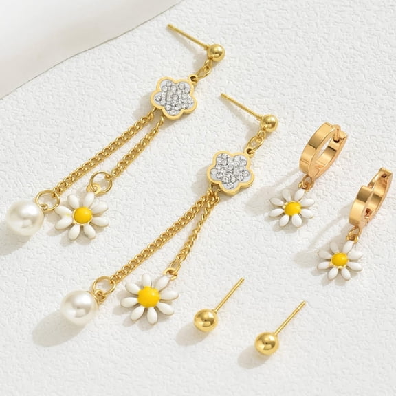 3PC Gold Daisy Tassel Earrings Set Elegant Long Drop Dangle Earrings Women Delicate Floral Jewelry