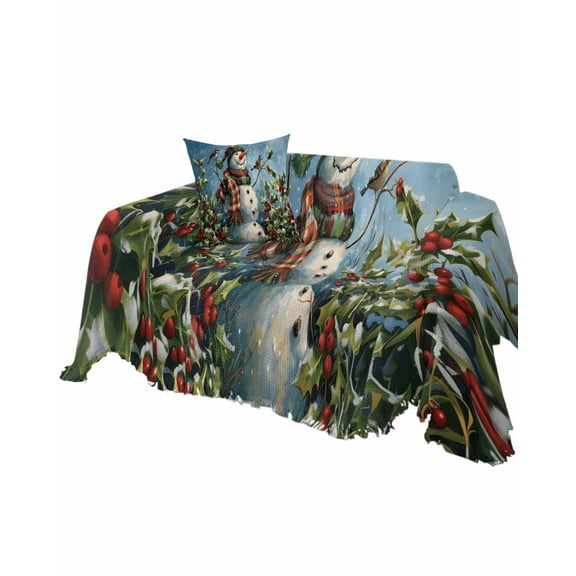 Blue Christmas Snowman Sofa Couch Covers for Dogs, Washable Sectional Couch Slipcovers for Loveseat with Tassels, Xmas Botanical Berry Vintage Non Slip Sofa Throw Cover Blanket L 71''x102''