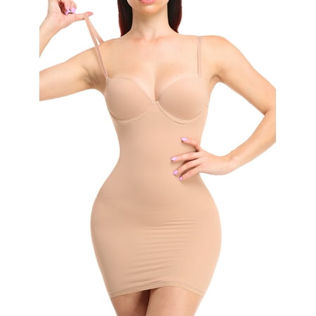 QRIC Women s Dress Full Slip Shapewear Bodysuit Lingerie Body Shaper with Built-in Bra Tops Smooth Back