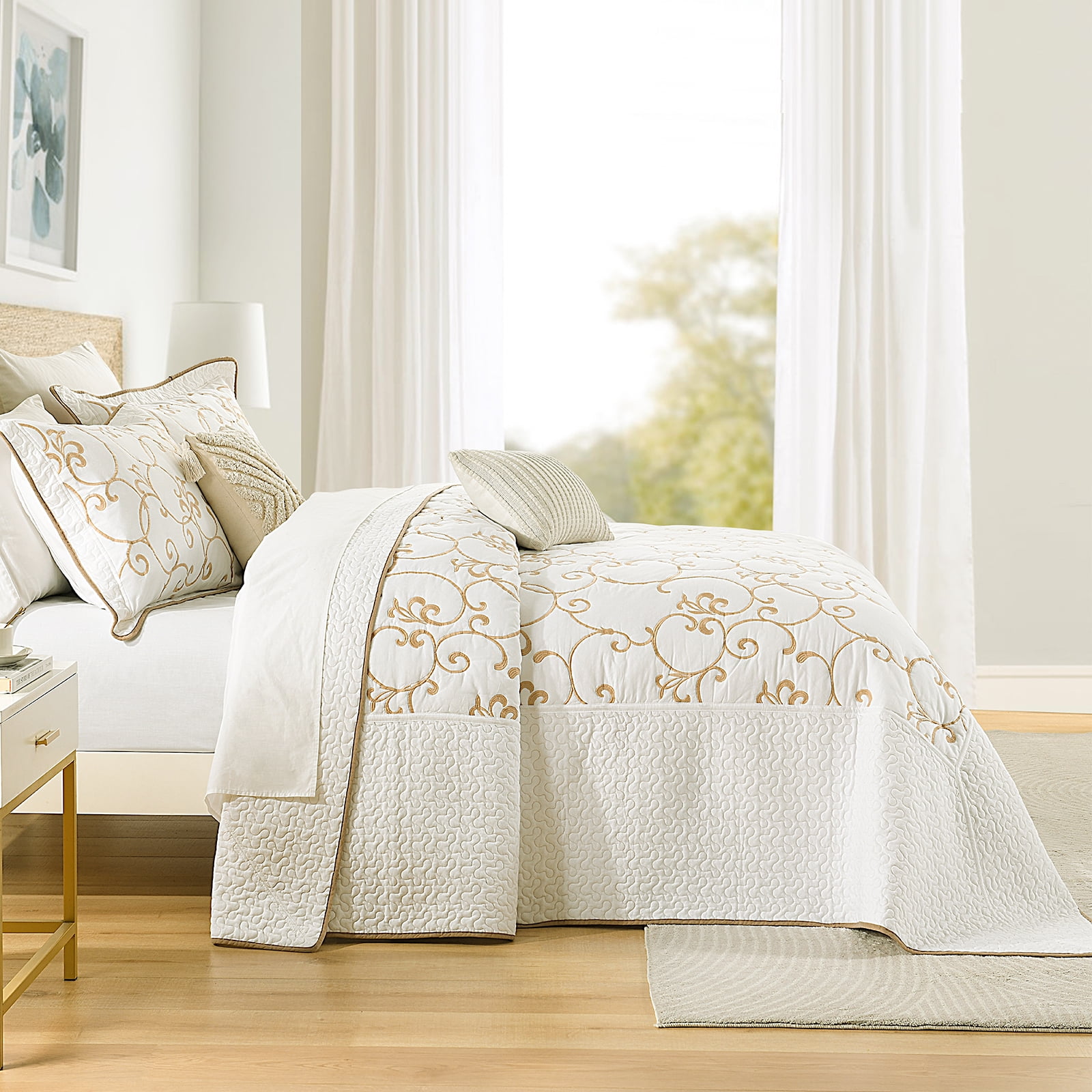 DDUOXIN 100% Cotton 120x120 Bedspread King Size - Gold Beige/White Floral Reversible California King Bedspreads for Bed, Lightweight Elegant Vintage Cal Oversized King Quilts Bedding Set, 3 Piece