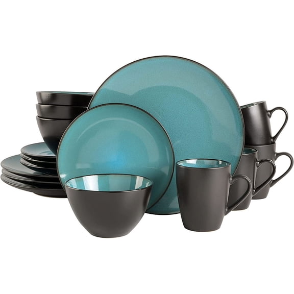 16-Piece Round Reactive Glaze Stoneware Dinnerware Set, Service for 4 – Teal Plates and Bowls