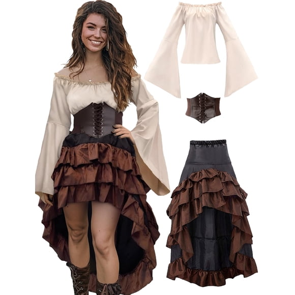 Disfraz de pirata Verceco, camisa renacentista, falda, corsé, L