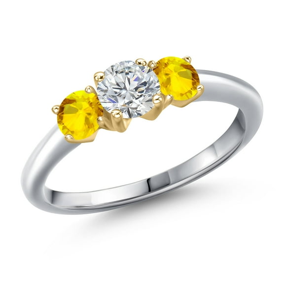 Gem Stone King 10K Two Tone Gold Lab Grown Diamond and Yellow Sapphire Engagement Ring for Women | 1.22 Cttw | Round 5MM | Gemstone April Birthstone | Size 7