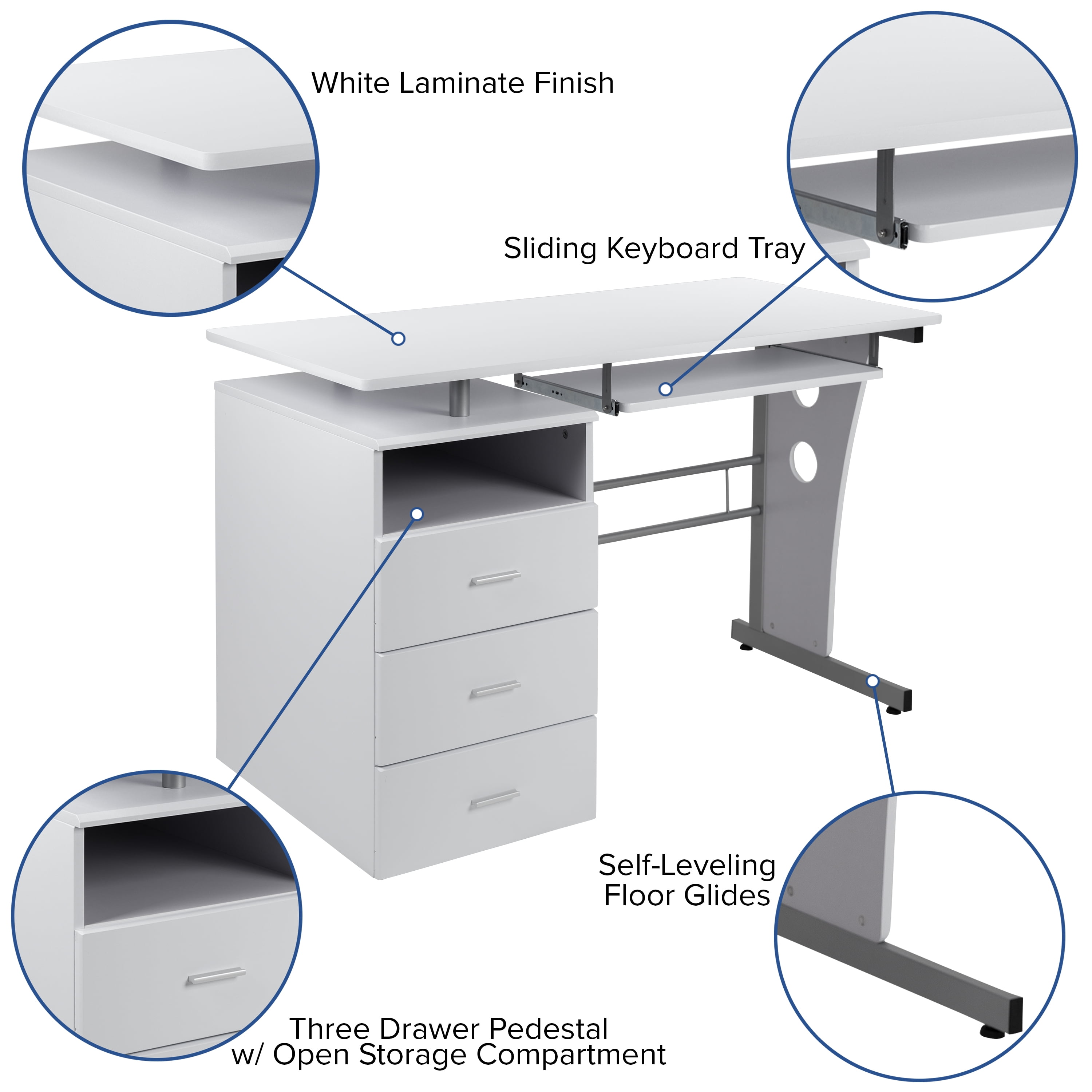Emma + Oliver White Desk with Three Drawer Single Pedestal and Pull-Out Keyboard Tray