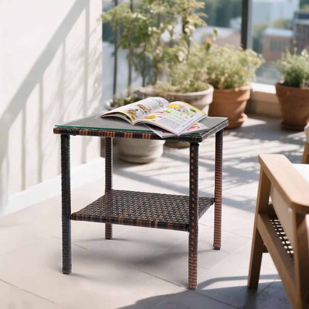 Square Double Layer Glass Top Side Table, Brown Gradient Rattan, Steel Frame, Outdoor Patio Furniture
