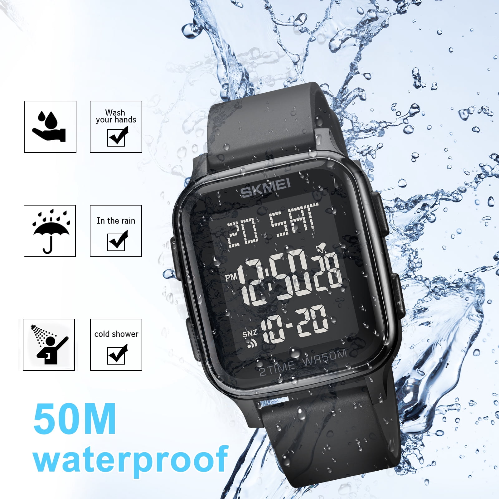 SKMEI Men's Digital Multifunction Watch Outdoor Casual Square 50M Waterproof Led Light Wristwatch