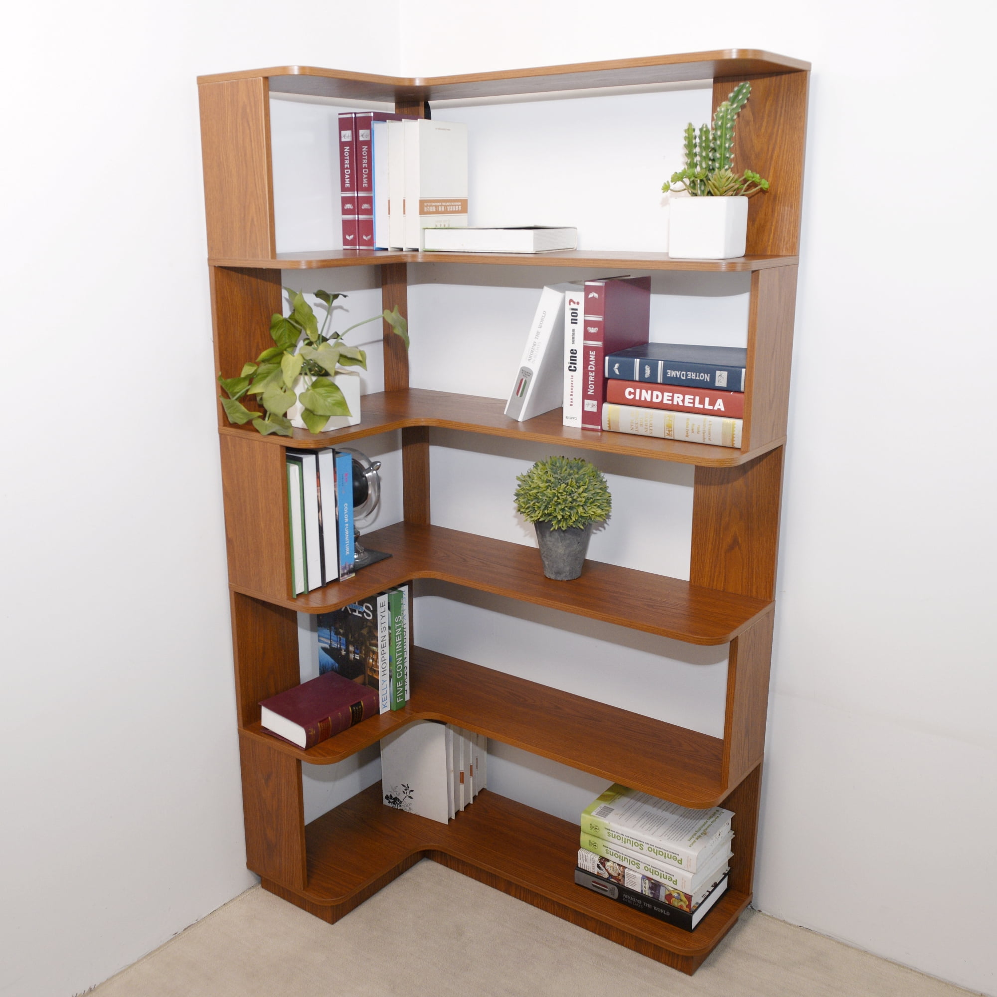Leumius 5 Tier Freestanding L-Shaped Corner Bookshelf,Wooden Bookcase with Anti-drop Panel and Anti Tipping Device, Display shelf Open Storage,Dark Oak