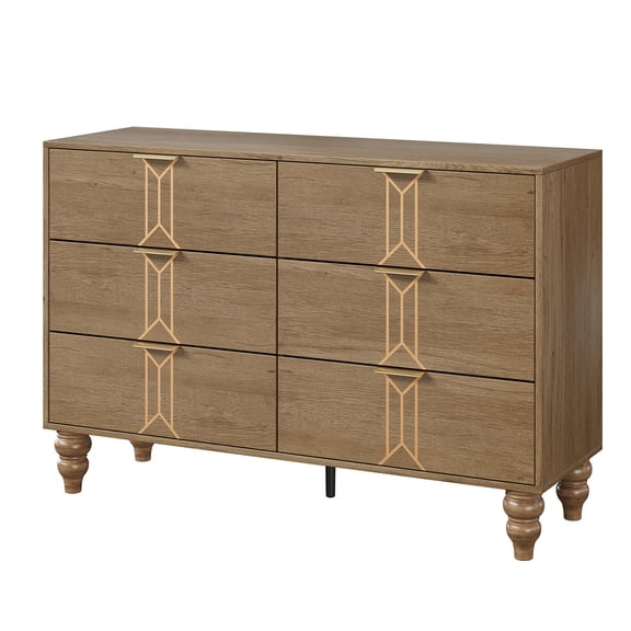 EcoSummer 6 Drawer Dresser for Bedroom, Modern Wooden Chest of Drawers with Gold Handles, Wide Storage Cabinet for Living Room, Hallway, or Entryway, Oak Finish