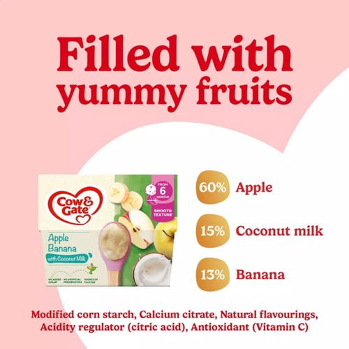 Cow & Gate Apple, Banana with Coconut Milk Baby Food Pot 6+ Months, 4 x 95g, British Import (Pack of 2)