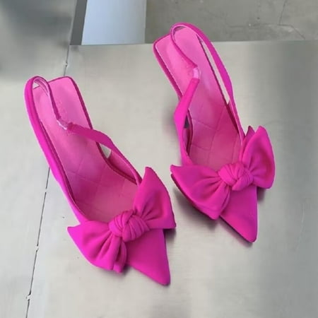 

2024 Women s Summer New Elegant Bow Designer Sandals PU Leather Sexy Pointed Toe Party Dress Women s High Heels Large Size Rosy Red 36