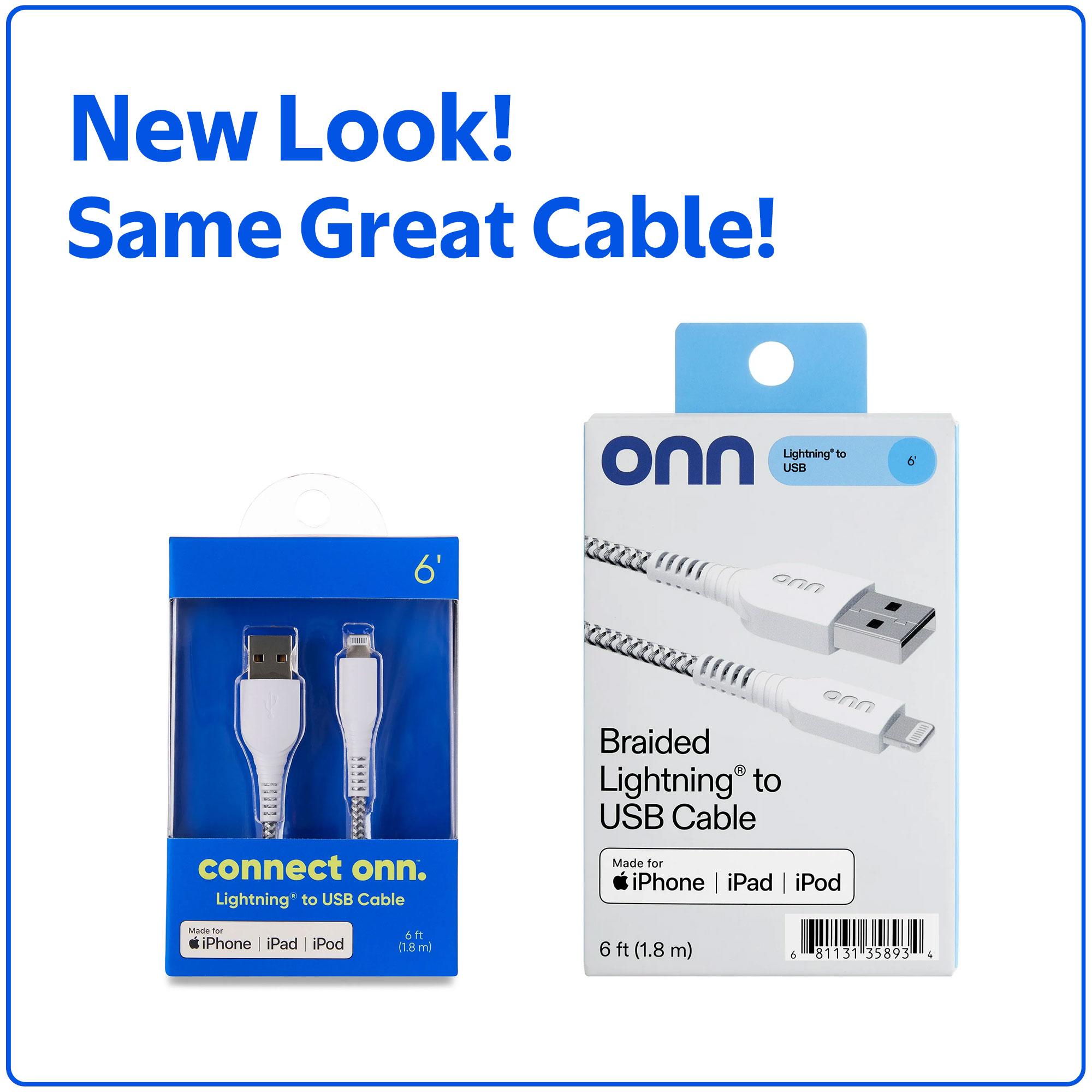 onn 6ft Lightning to USB-A Braided Cable, White photo 2