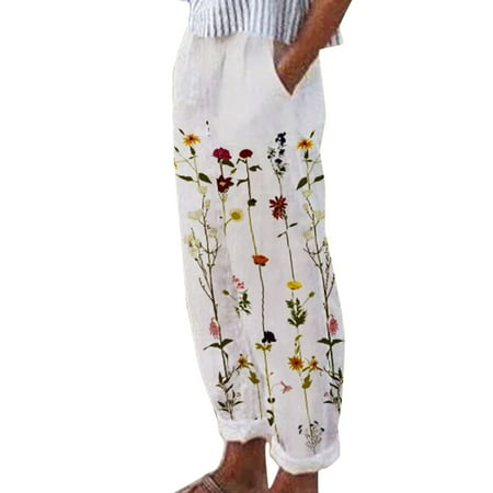 

Dadaria Boho Pants for Women Loose with Pocket Printing Trousers Long Pants White XL Female