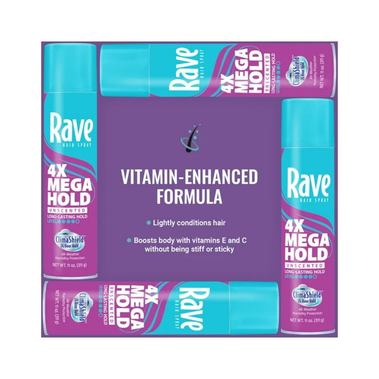 Rave 4X Mega Aerosol Hairspray, 4 Pack, Unscented, 11 Oz Each