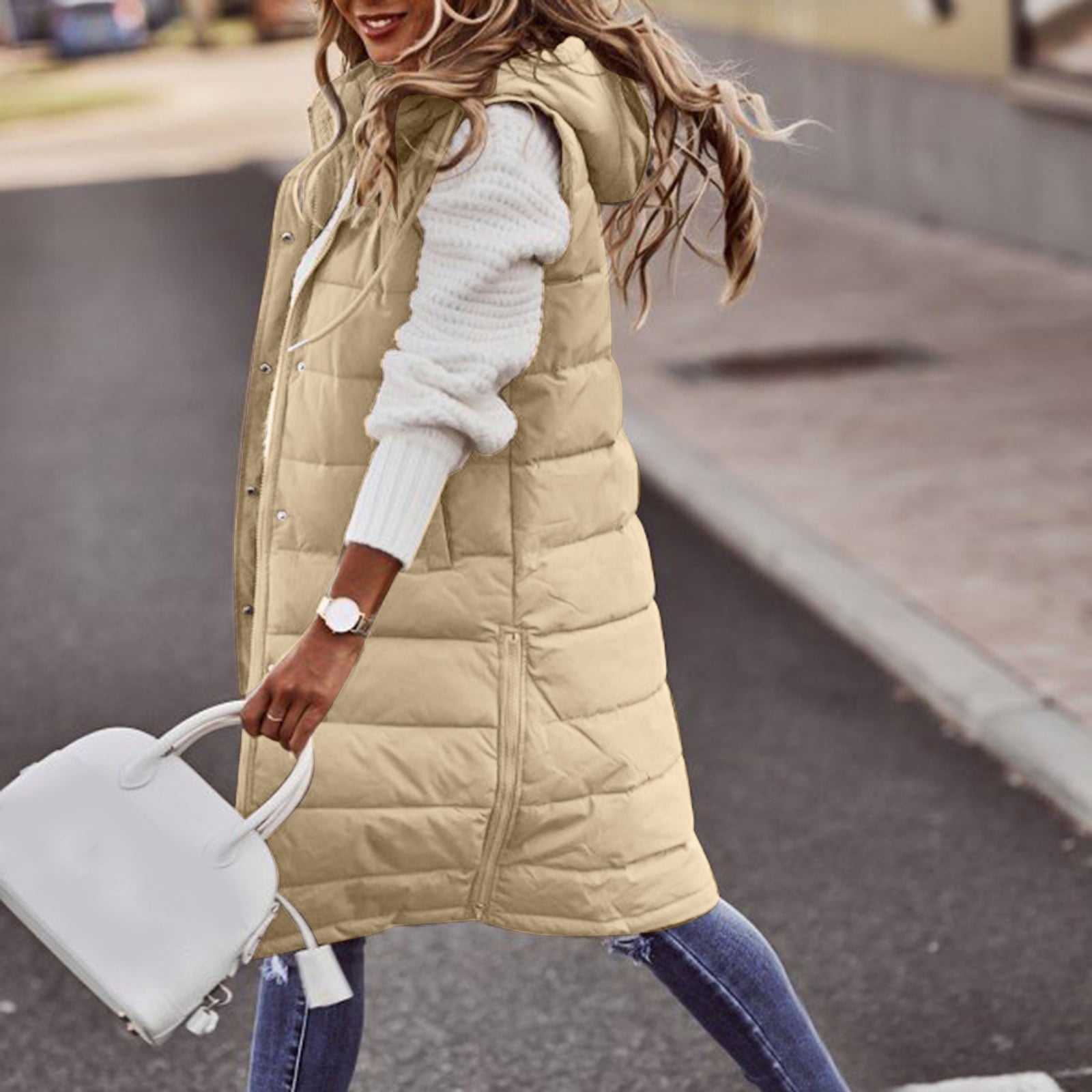 TOWED22 Women Long Puffer Vest Jacket with Hooded Thick Sleeveless Puffer Jacket Zipper Vest Tops Winter WH2 M