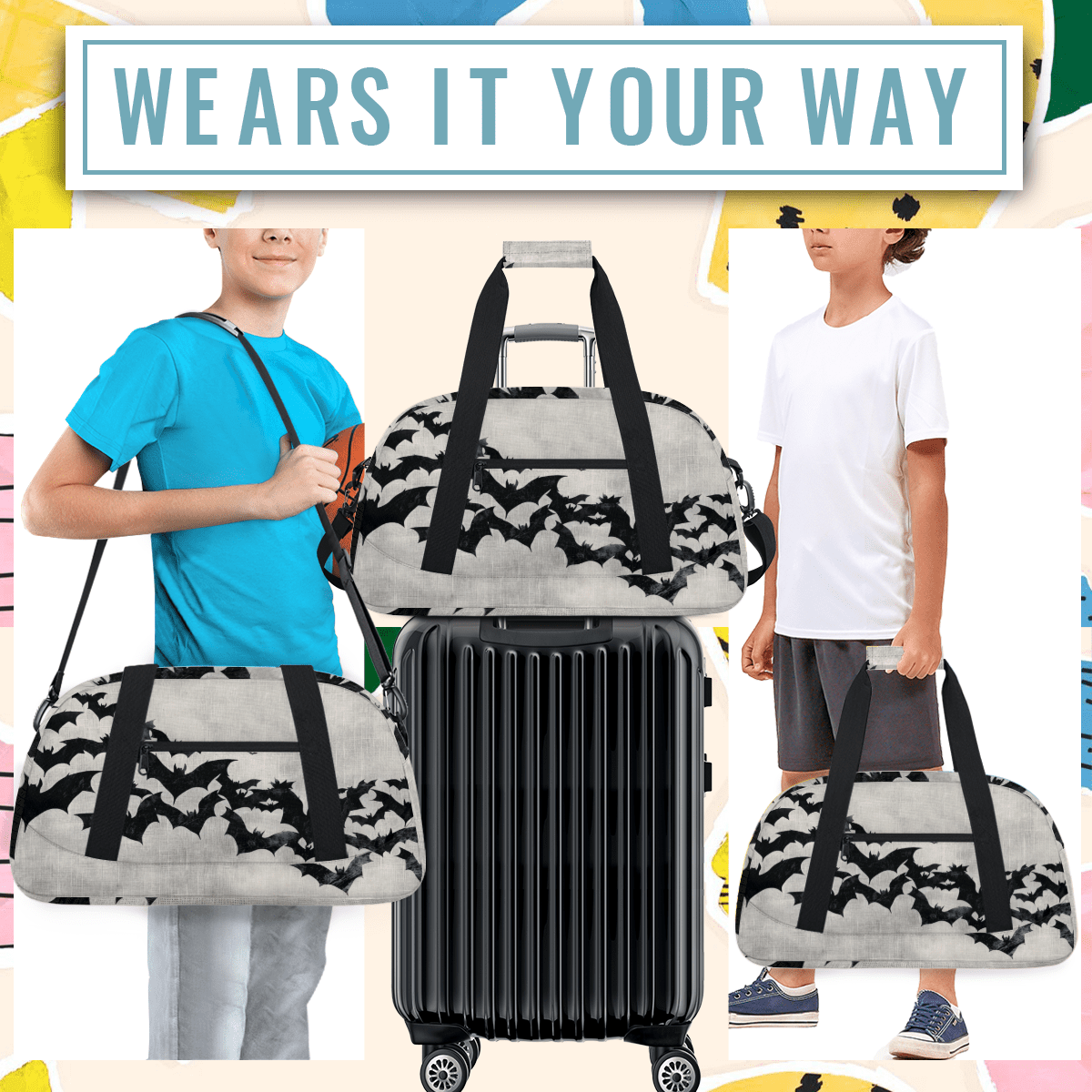 Herdesigns Halloween Black Bat Sports Duffle Bag for Women & Men, Gym Bag Dance Bag Overnight Bag Carry On Weekender Travel Bag