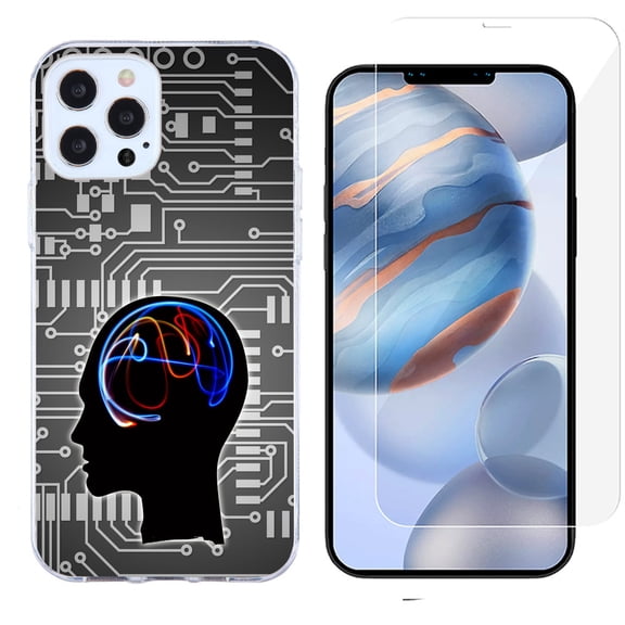 Slim-Fit Protective Phone Case compatible with iPhone 12 Pro Max, with Tempered Glass Screen Protector, by OneToughShield ® - Electric Brain