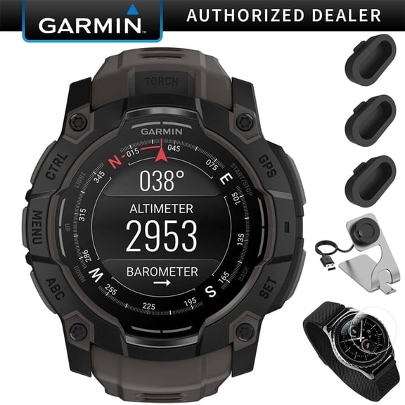Garmin Instinct 3 - 50 mm Outdoor GPS Smartwatch, AMOLED, Black with Black Band Bundle with Deco Essentials Charging Dock for Venu 3   Silicone Dust Cover   Round Tempered Glass Screen Protector