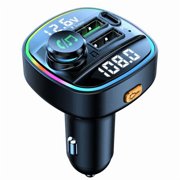 NAVOROGE Bluetooth 5.0 Car Wireless FM Transmitter Car Adapter QC3.0 & Type C PD USB Charger AUX with Hands-Free Calling & Audio Receiver, MP3 Music Player, 7 Colors LED Backlit