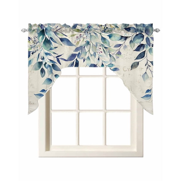 Blue Teal Eucalyptus Leaves Swag Curtains for Kitchen Watercolor Vintage Botanical Valances for Windows Rod Pocket Small Window Treatment Topper for Cafe Bedroom Bathroom Living Room Decor 56x36 Inch