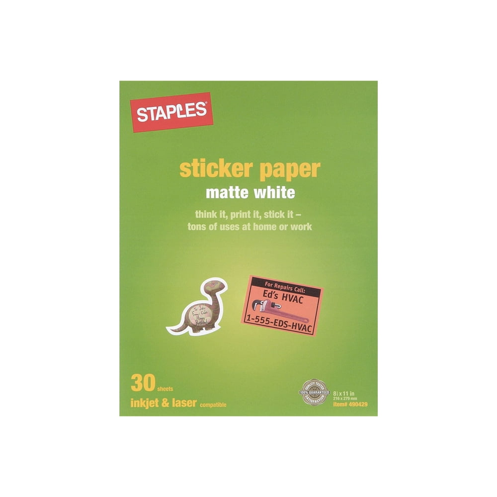 Staples Paper matte removable adhesive white 10.98 in x 8.5 in 30 sheet(s) stickers