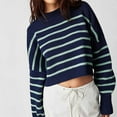 thumbnail image 5 of HAPIMO Women's Crew Neck Sweatshirts Fall Loose Basic Sweaters Crop Tops Long Sleeve Tees Workout Striped Blouses Regular Fitted Casual Knitted Fashion Clearance Blue XL, 5 of 5