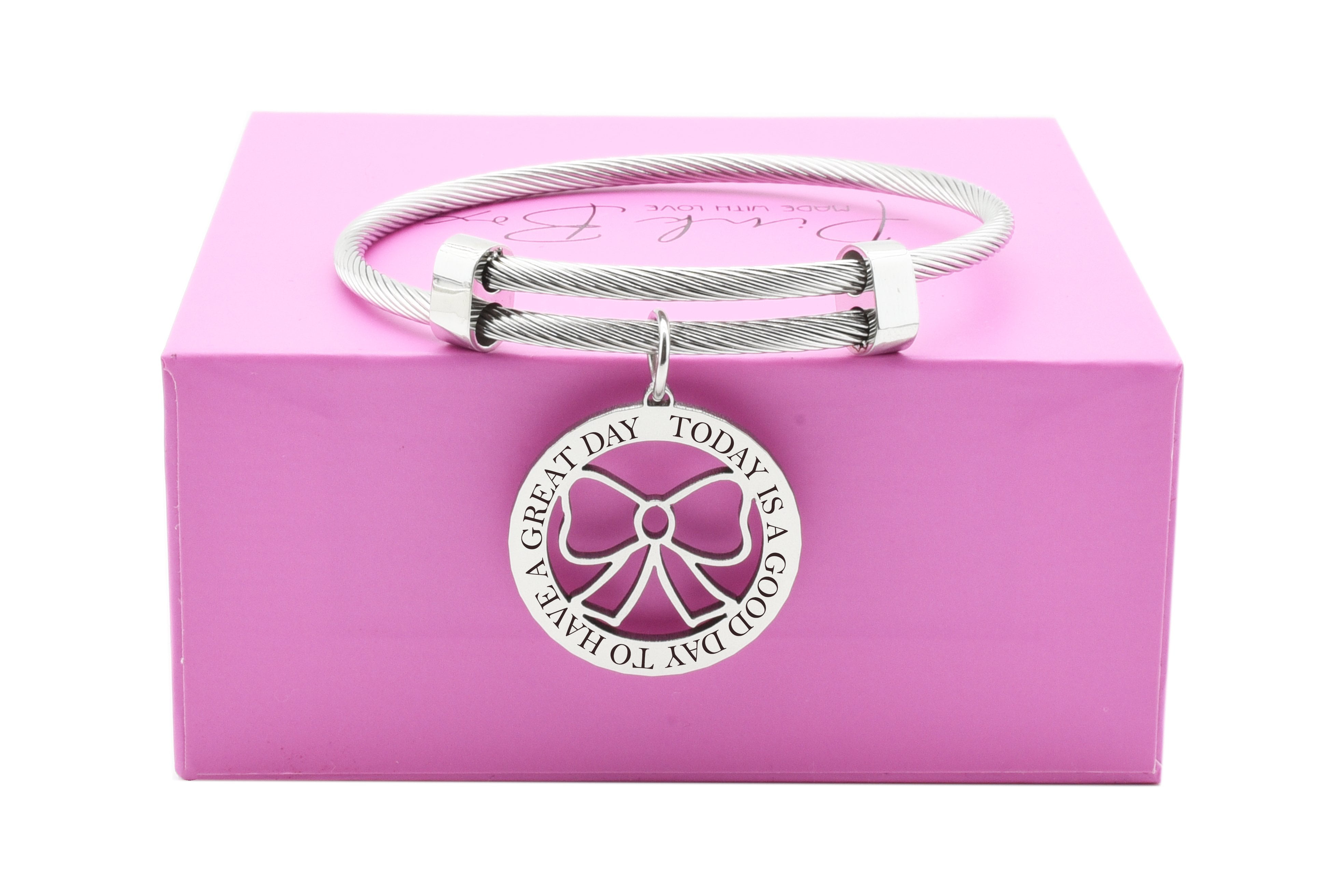 You Can Do Anything Pink Box Expandable Multi Charm Inspirational Bangles Silver 