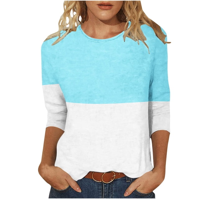 IROINID T-Shirts pour Femmes à Manches 3/4 Réduits Imprimés, T-shirt Ample, Blouse Mi-Longue, Col Rond, Hauts de Détente, Bleu Pâle