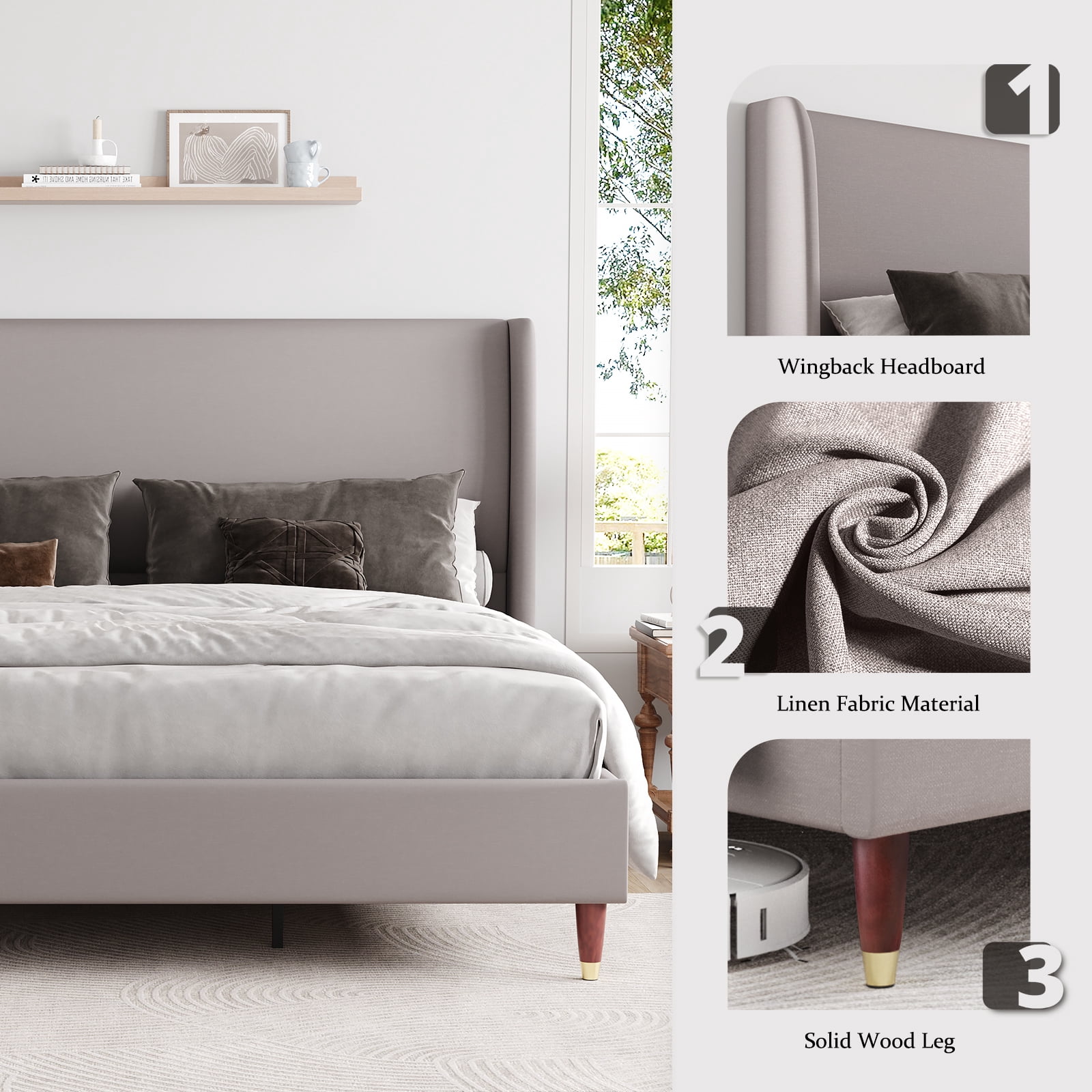 Merluxy 51.2" King Bed Frame with High Headboard,Upholstered Bed,Light Grey