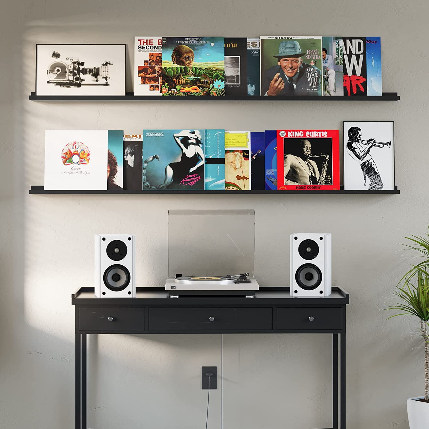 Wallniture Denver 72" Floating Shelves for Picture Frames Collage Wall Decor Picture Ledge Living Room, Vinyl Record Holder Black Set of 2