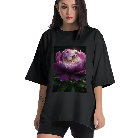 Plus Size Shirt for Women Black Tops for Women Short Sleeves Shirt for Women Peony Flower T Shirt Crewneck Shirt for Women XS