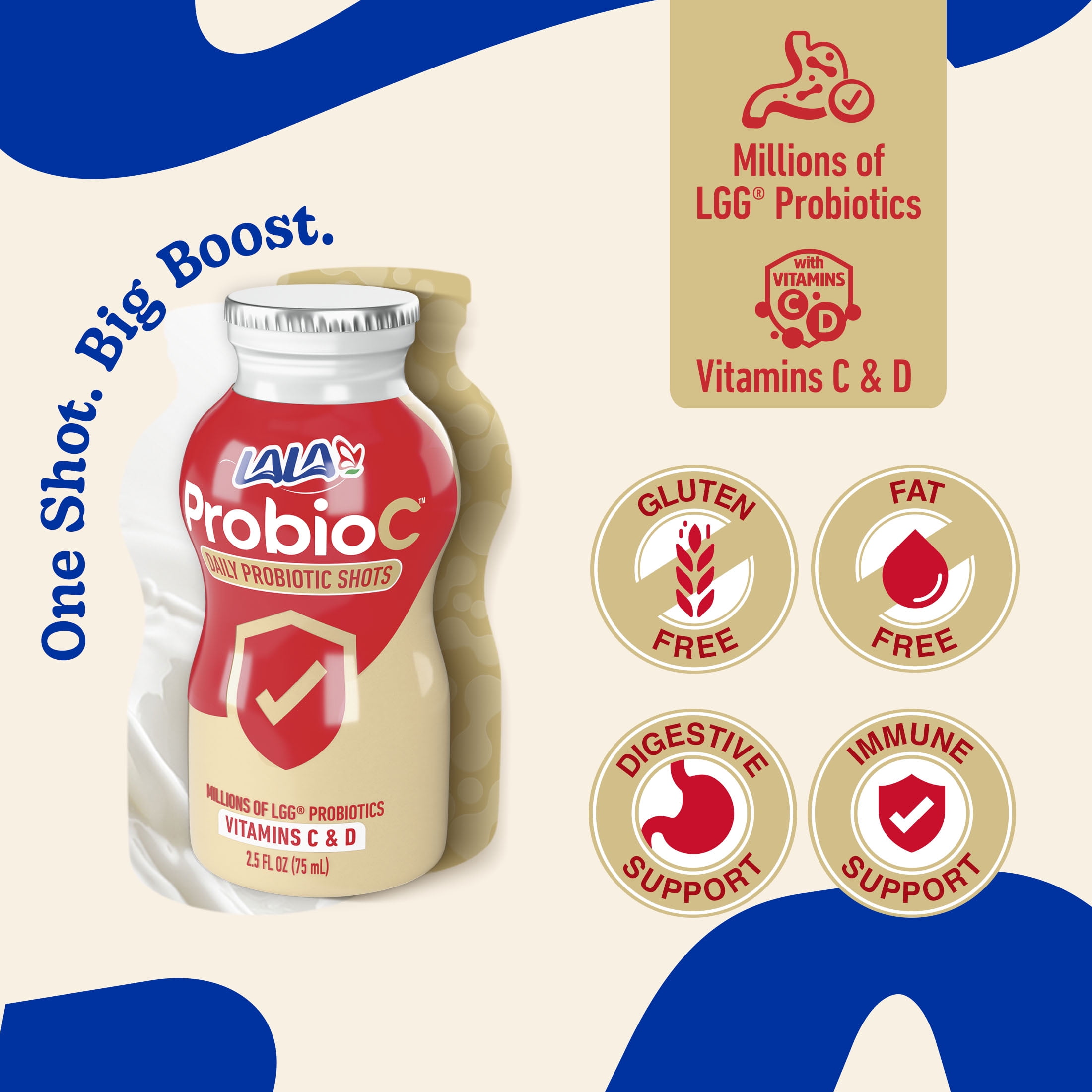 LALA ProbioC Daily Drinkable Probiotic Drink Shot, Fat-Free, Plain, 2.5 oz (5 Pack)