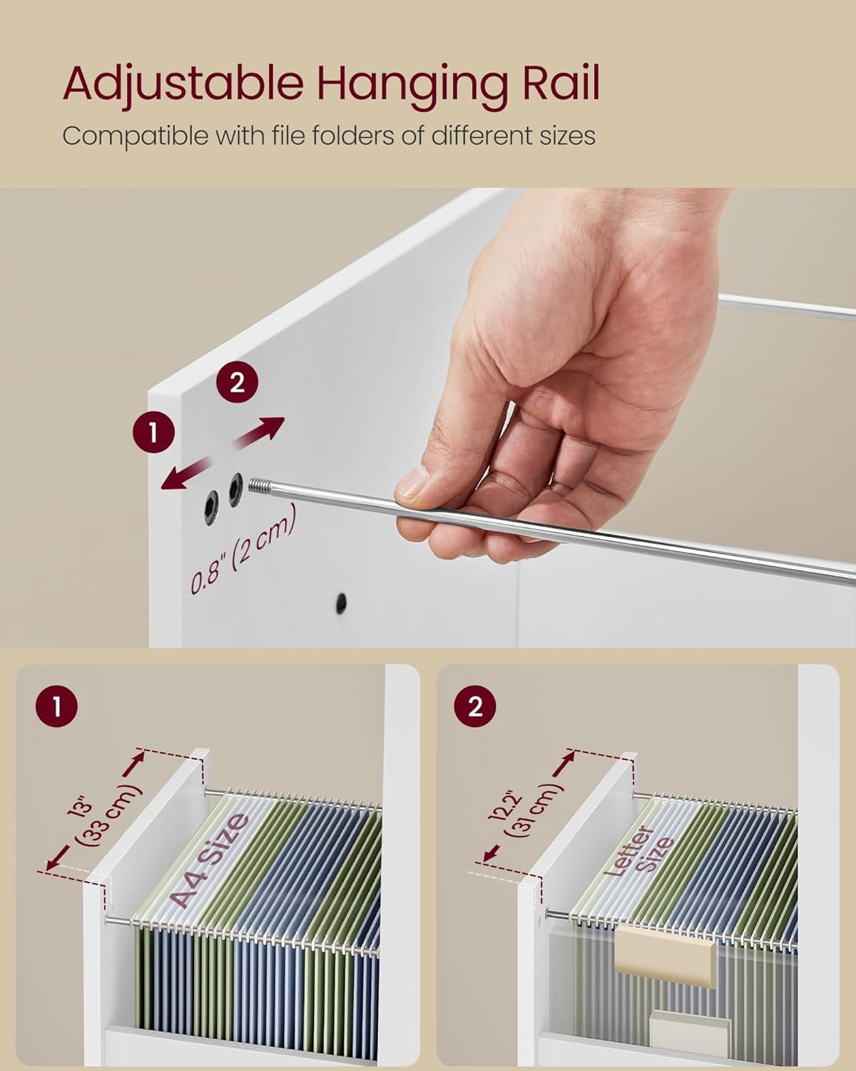 File Cabinet, 3 Drawers Filing Cabinet for Home Office, with Wheels, for A4, Letter Sized Documents, Hanging File Folders