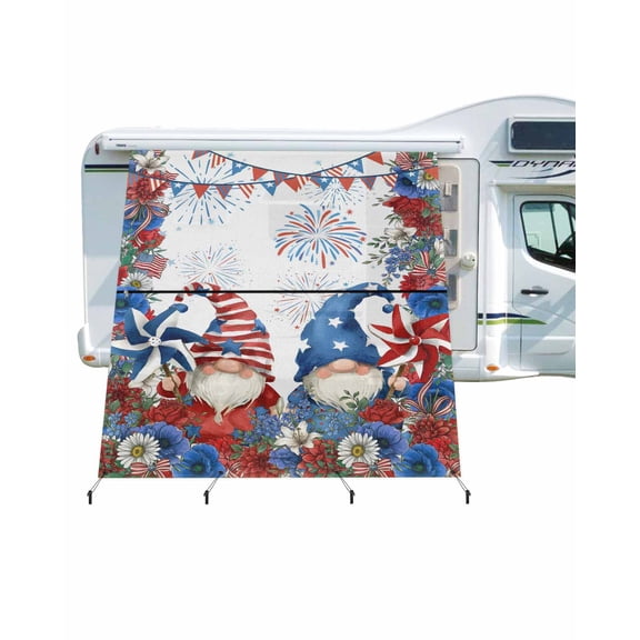 4th of July RV Awning Sun Shade Screen 9'X7' American Flag Gnomes Mesh Sunscreen Daisy Stars Ribbon Fireworks Awning Shade Screen with Zipper UV Blocker Completed Kits for RV Motorhome Camper
