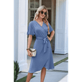thumbnail image 4 of Women'S Wrap Dress V Neck Short Sleeve Waist Tie Ruffle Split Midi Casual Dress Gray Blue XL, 4 of 7