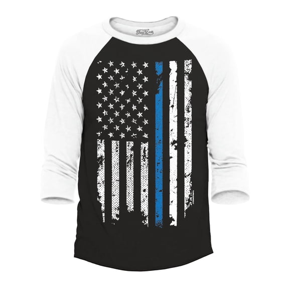 Shop4Ever Men's American Flag Blue Line Patriotic 4th of July Raglan Baseball Shirt XX-Large Black/White