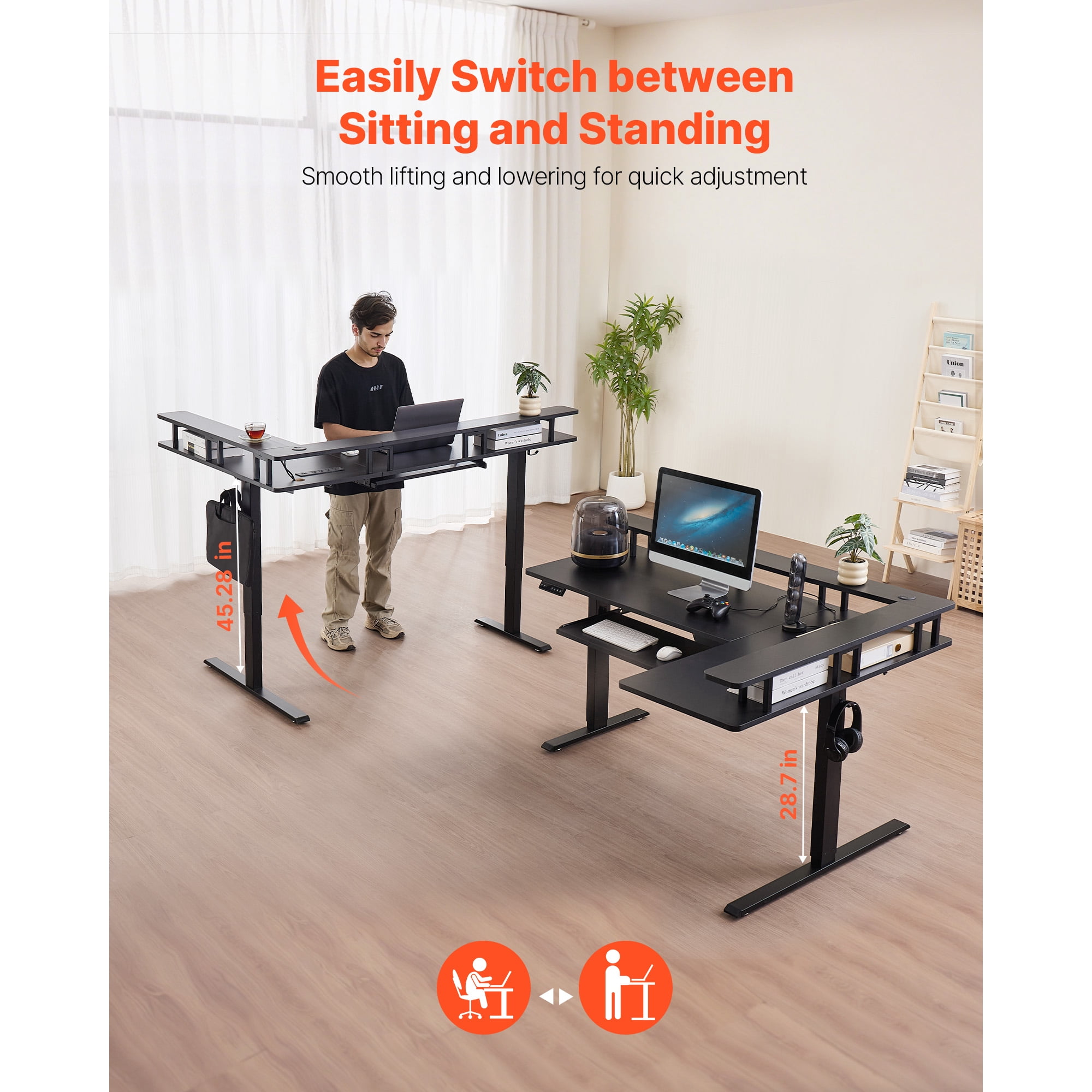 KFFKFF L-Shaped Electric Height Adjustable Desk, Corner Gaming Desk with Keyboard Tray and Dual Hooks, Sturdy Computer Table with LED Light Strip for Home Office, Simple Assembly, Black