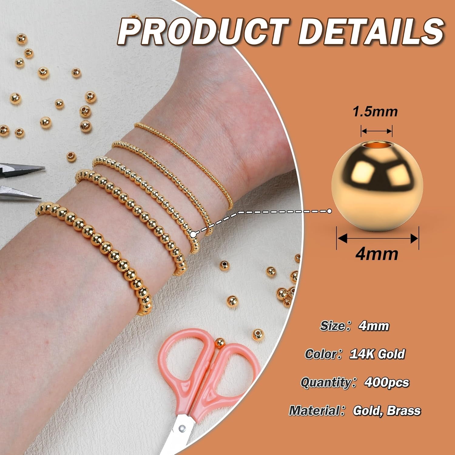14K 400pcs 4mm Gold Filled Beads for Jewelry Making Small Smooth Round Gold Beads for Bracelets Non Tarnish Metal Brass Spacer Beads for Necklaces Earrings Rings and DIY Craft