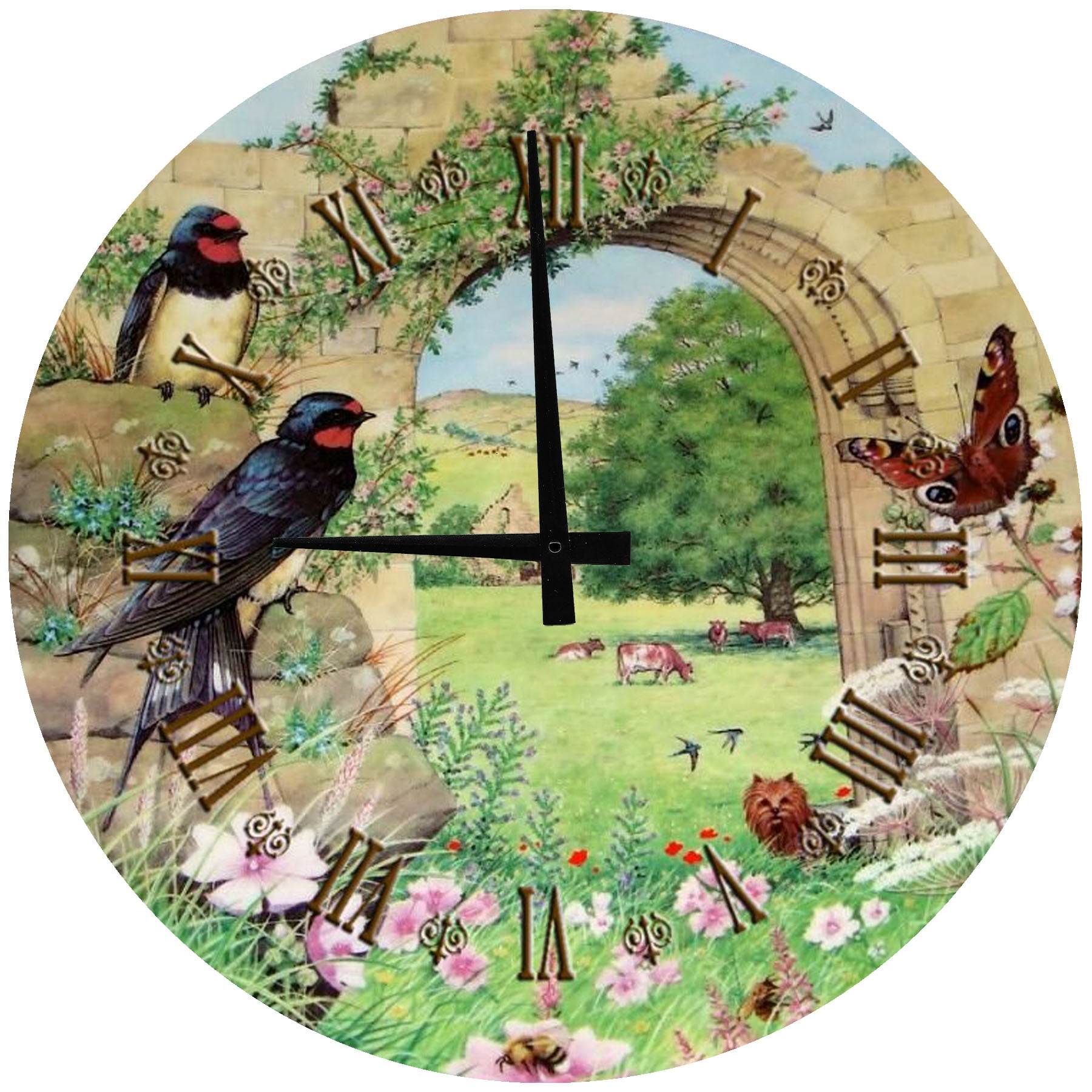 Wood Wall Clock 12 Inch Birds in the Field Stone Arch Round Small